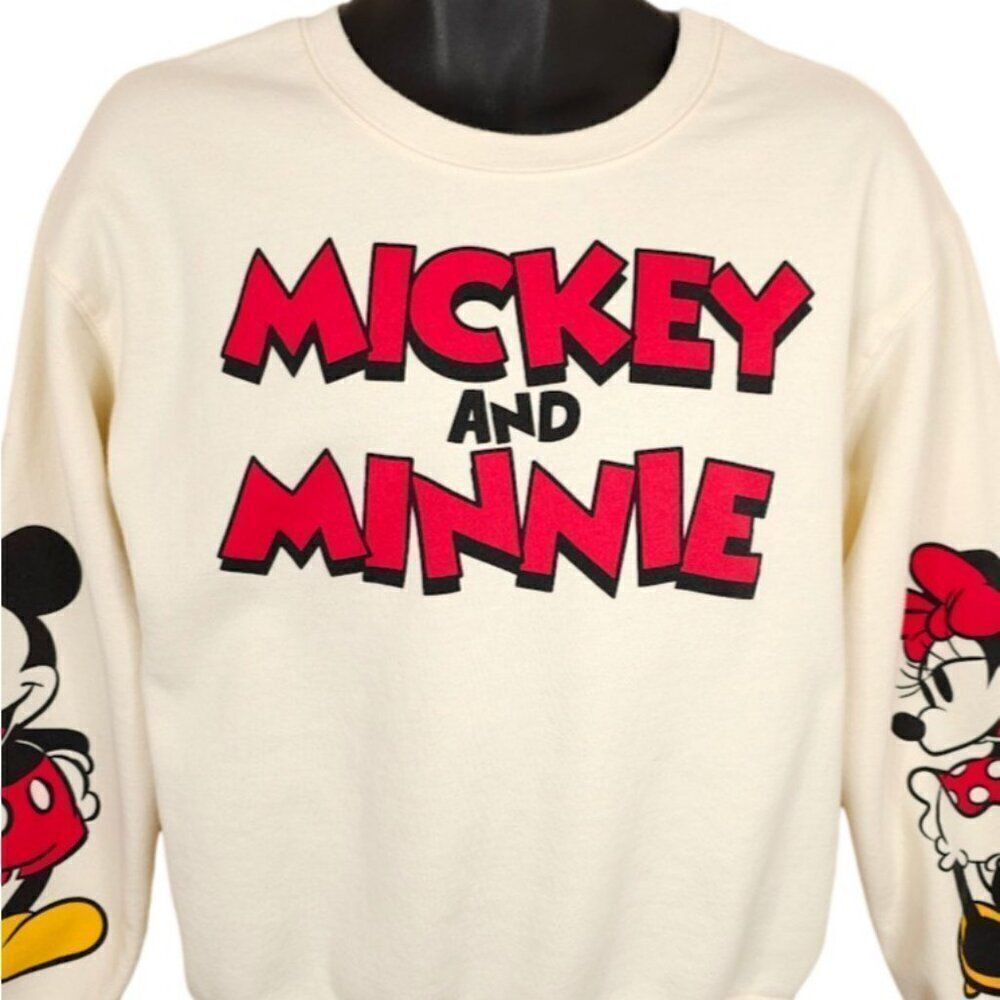 Mickey And Minnie Mouse Sweatshirt Mens Size Small Cream Disney All Over Print